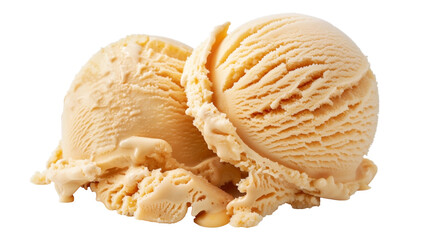 Close-up view of two scoops of creamy vanilla ice cream on a transparent background - obrazy, fototapety, plakaty