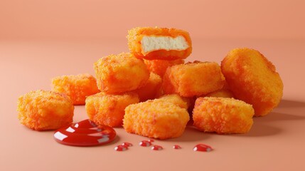 The background of this 3D illustration features a tasty chicken nugget dipped or squeezed with tomato ketchup.
