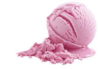 A scoop of pink strawberry ice cream melting on a transparent background