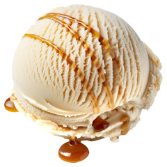 Close-up of a single scoop of vanilla ice cream with caramel drizzle on top - obrazy, fototapety, plakaty