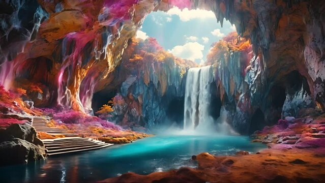 鮮やかな洞窟と滝の自然風景,Generative AI 