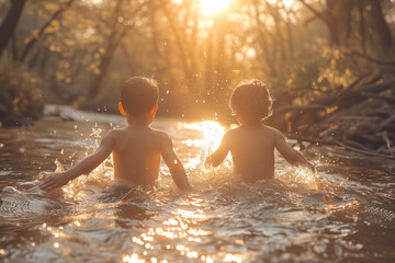 Two playful boys wading in a river, caught in a moment of joy with water splashing around them - obrazy, fototapety, plakaty