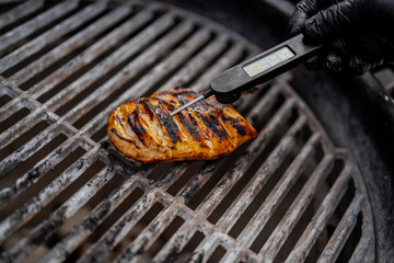 Grilled meat thermometer for measuring perfect cooking temperature on a grill