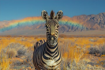Naklejka premium Zebra Majesty under a Painted Desert Sky. Concept Wildlife Photography, Natural Landscapes, Animal Portraits, Majestic Scenery, Vibrant Color Palette