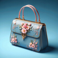 blue fashion handbag with flowers decoration on blue background, romantic design  illustration 