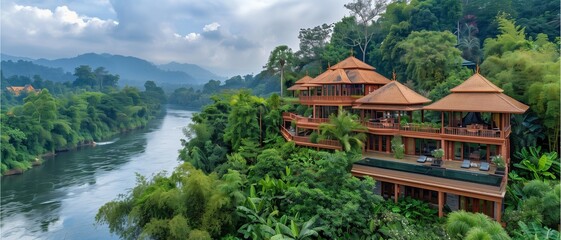 Obraz premium Mountain Lake Landscape with Architectural Elements and Natural Scenery in Asia and Japan