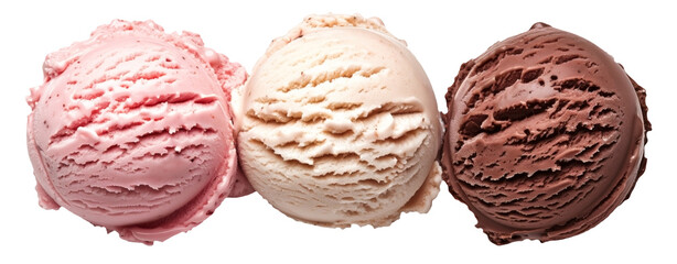 Three scoops of ice cream in strawberry, vanilla, and chocolate flavors on transparent