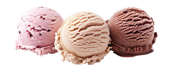 Obraz premium Three scoops of ice cream in strawberry, vanilla, and chocolate flavors isolated on transparent