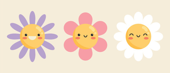 Fototapeta premium Cute cartoon smiling flower characters set. Childish style. Vector illustration