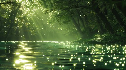 Fototapeta na wymiar Luminous 3D glow casting enchanting reflections on water