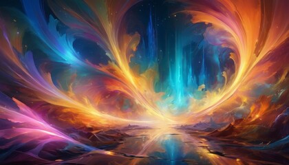 A captivating panorama of a cosmic firebird with wings spread wide, casting an ethereal glow over a fantastical landscape.. AI Generation