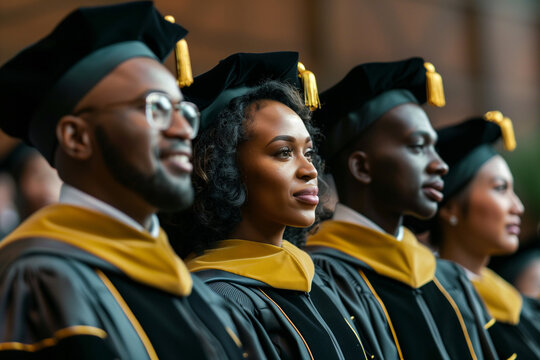 black students in graduation ceremony gowns at school or college with mortar board hat in green, gold and black trim - Powered by Adobe
