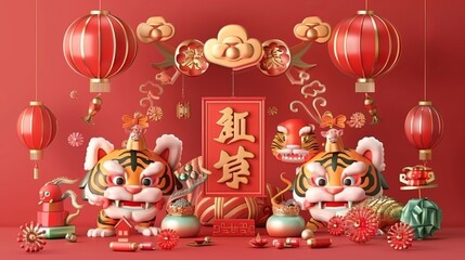 CNY 2020 post. Illustration of a big red couplet written in Chinese calligraphy surrounded by the tiger zodiac animal and Spring Festival objects.