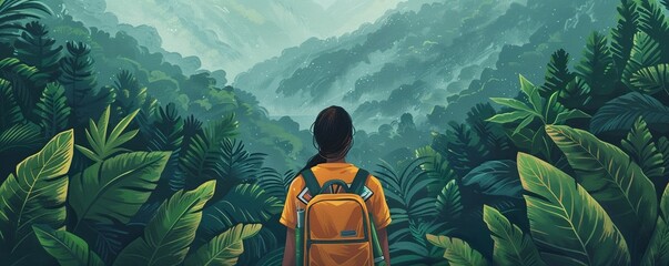 Design an eye-catching illustration of a person standing in front of a vast, lush forest Their back faces the viewer, showcasing a backpack with books on environmental education - obrazy, fototapety, plakaty