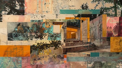 Mixed media collage incorporating elements of nature with the rugged materiality of neo brutalist buildings