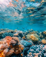 Produce a captivating long shot showcasing diverse ocean conservation efforts worldwide, highlighting marine life protection and sustainability practices