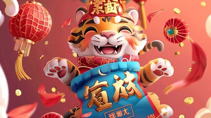 A tiger in Caishen costume peeks out from a blue lucky bag on a red envelope with the Chinese message "Welcome the God of Wealth in the New Year in 2022."