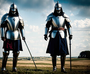 Fototapeta premium Two knights standing in a field, wearing armor and holding swords.