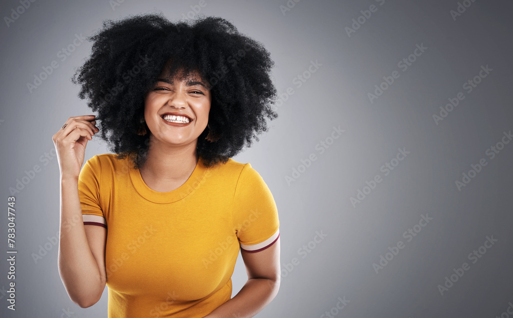 Sticker Natural, beauty and woman with African hair care in studio, background and mock up with happiness. Cosmetics, treatment and girl with eco friendly makeup, skincare or pride in afro texture or style