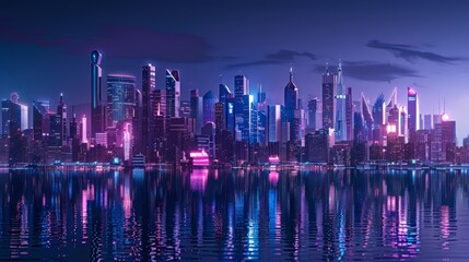 Sci fi 3D rendering of a futuristic city skyline at night - obrazy, fototapety, plakaty