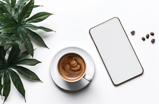 simplicity of a top-down view flat lay photograph, where a blank white spiral notebook is surrounded by coffee cups and fresh green leaves on a table, all set against a clean white background