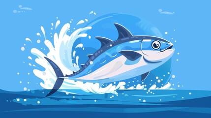 Bluefin tuna jumping out of strong waves splashing water on blue background in flat style.