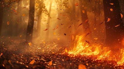Enchanted forest fire, misty morning, leaves swirling