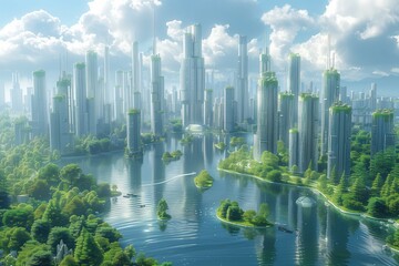 An artistic rendering of a futuristic city skyline dotted with sleek and futuristic cargo container skyscrapers, symbolizing the role of technology and innovation in shaping the cities of tomorrow  - obrazy, fototapety, plakaty