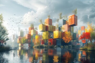 An artistic rendering of a futuristic city skyline dotted with sleek and futuristic cargo container skyscrapers, symbolizing the role of technology and innovation in shaping the cities of tomorrow  - obrazy, fototapety, plakaty