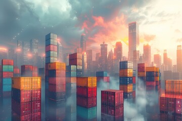 An artistic rendering of a futuristic city skyline dotted with sleek and futuristic cargo container skyscrapers, symbolizing the role of technology and innovation in shaping the cities of tomorrow 