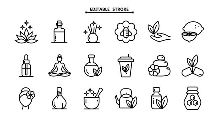 Ayurveda icons set. Editable stroke size. Outline pictogram vector illustration, aroma therapy, ayurvedic collection with symbols of healthy alternative medicine. Simple pictogram vector illustration.