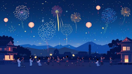 A banner depicting people performing the Bon Odori dance when fireworks are lit at night during the Japan Summer Festival. - obrazy, fototapety, plakaty