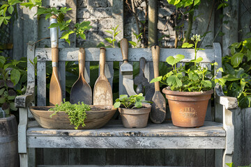 Weathered garden tools and potted plants on a rustic wooden bench.