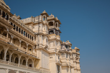 Udaipur, Rajasthan, India 07 April 2024: Shot of the historical exterior of City Palace. The palace was built nearly 400 years ago, with contributions from several rulers of the Mewar dynasty.