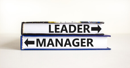 Leader or manager symbol. Concept word Leader or Manager on beautiful books. Beautiful white table white background. Business and leader or manager concept. Copy space.