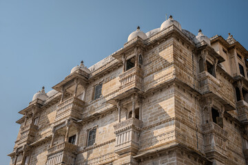 Udaipur, Rajasthan, India 07 April 2024: Shot of the historical exterior of City Palace. The palace was built nearly 400 years ago, with contributions from several rulers of the Mewar dynasty.