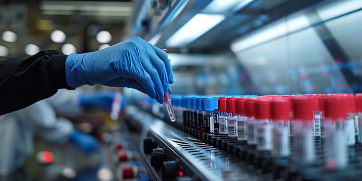 A image of laboratory technicians performing diagnostic tests on patient samples, using state-of-the-art equipment and technology to analyze blood