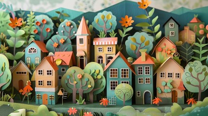 Whimsical paper craft scene depicting a charming village nestled in the countryside