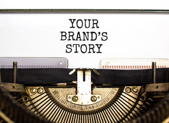 Branding and your brand story symbol. Concept words Your brands story typed on beautiful old retro typewriter. Beautiful white paper background. Business branding your brand story concept. Copy space. - obrazy, fototapety, plakaty