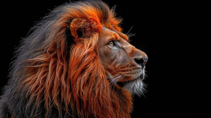 Naklejka premium Close-up View of a Male Lion Shaking His Luxurious Mane on Display. Dramatic light particles.