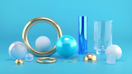 Discs, balls, glass, ring, and other geometric elements isolated on blue background.