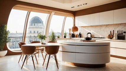 Cocina de un apartamento moderno parisino. Interior francés. - obrazy, fototapety, plakaty