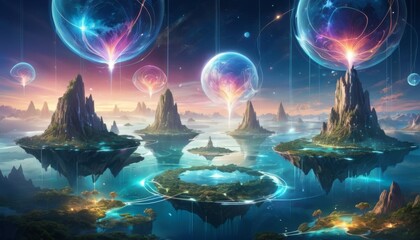Breathtaking alien landscape featuring floating islands and giant, colorful celestial orbs reflecting in tranquil waters under a starry sky.. AI Generation - obrazy, fototapety, plakaty