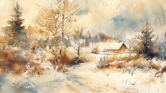 Evocative watercolor landscape capturing the beauty of the countryside in fine art