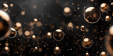 Metallic Gold Spheres on Black Background, Dynamic Bubbles in Dark Setting with Golden Highlights - obrazy, fototapety, plakaty