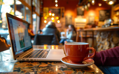 Fototapeta premium Digital Nomad Using Laptop in Café, Over Shoulder Shot with Coffee Cup - freelance lifestyle, coffee shop work.
