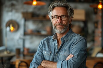 Fototapeta premium Content middle-aged man with stylish glasses and a casual denim shirt posing confidently in an urban eatery