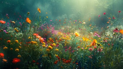 Beautiful field of flowers with sunbeams shining through the trees in the background on a sunny day - obrazy, fototapety, plakaty