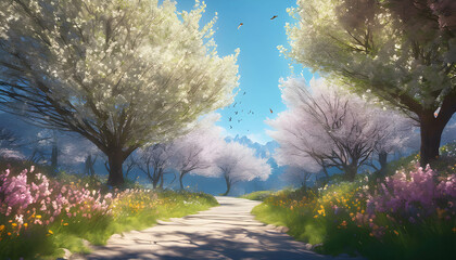 Fototapeta na wymiar Blooming Tree in Spring Park Landscape under Blue Sky, background, banner