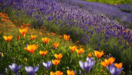 Obraz premium Vivid Flower Field: A colorful meadow filled with blooming tulips, marigolds, and daisies amidst lush green grass, capturing the beauty of nature in summer
